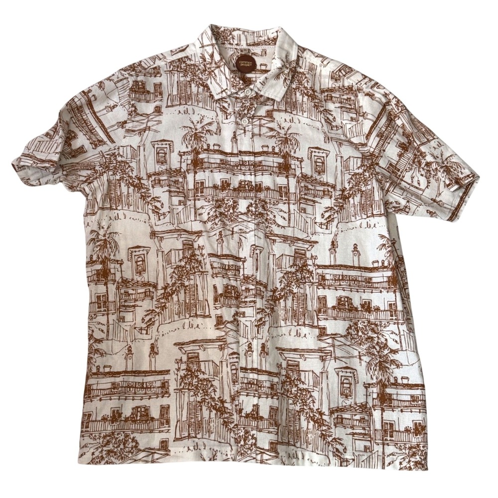Common People Button Down Shirt Architectural Print XL White Brown Mens‎ Summer